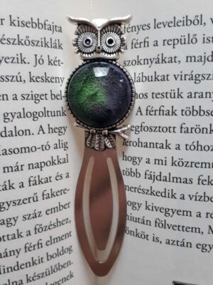 Baglyos könyvjelző zöld-lila színben ezüst színű alapon
